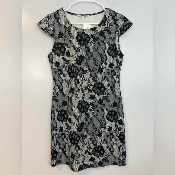 NWT Collective Concepts Black/White Lace Illusion Cap Sleeve Sheath Dress Large - Picture 1 of 9